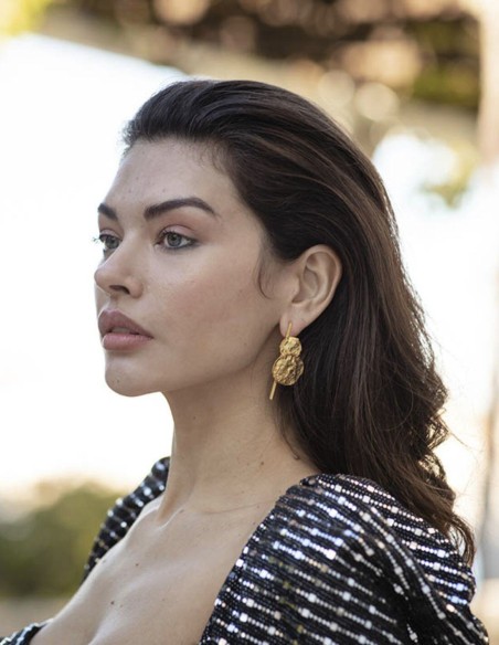 Gold party earrings with circles and texture