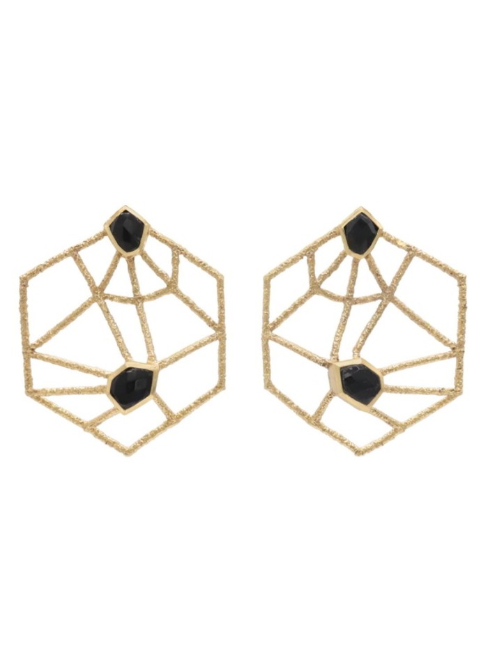 Geometric golden party earrings with black stones