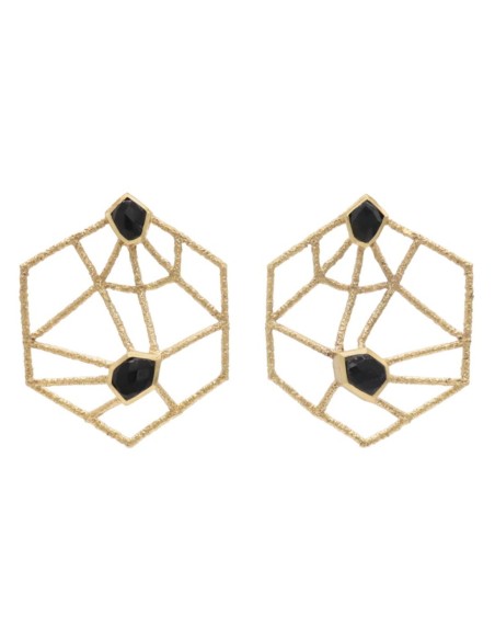 Geometric golden party earrings with black stones