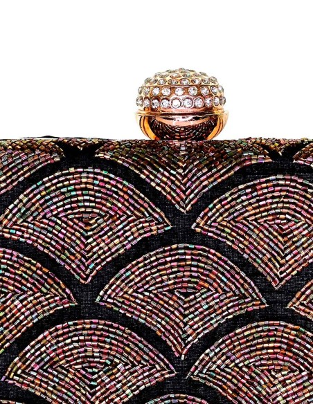 Black evening clutch bag with hand-embroidered rhinestones and jewellery clasp