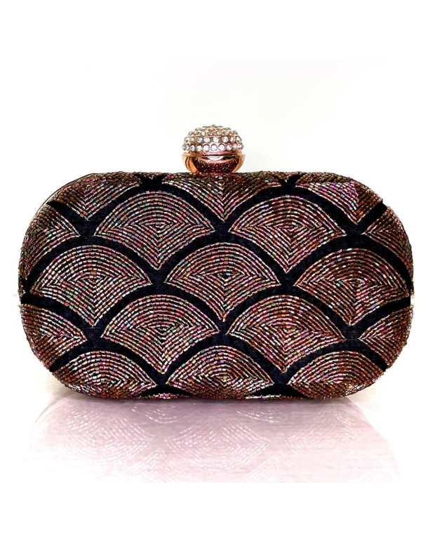 Black evening clutch bag with hand-embroidered rhinestones and jewellery clasp