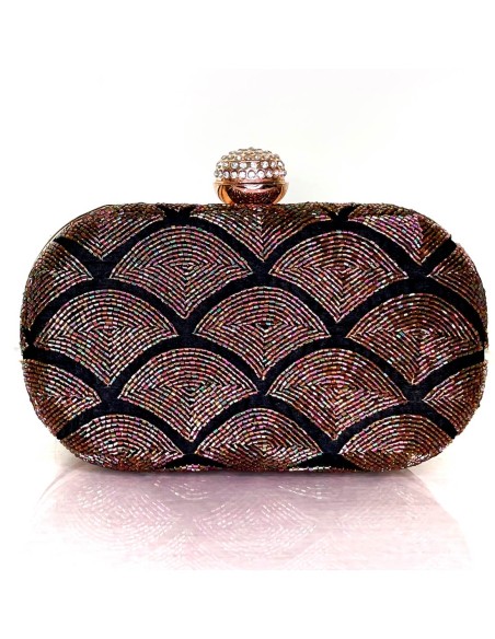 Black evening clutch bag with hand-embroidered rhinestones and jewellery clasp
