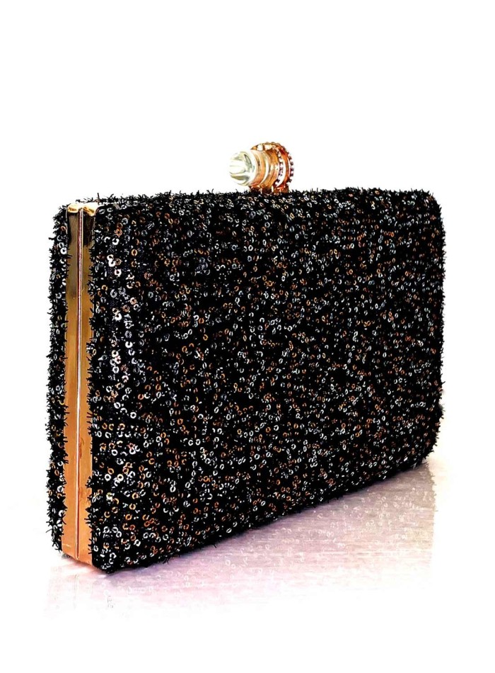 Evening clutch bag with metallic sequins and transparent closure