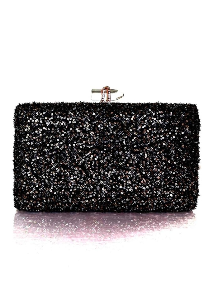 Evening clutch bag with metallic sequins and transparent closure