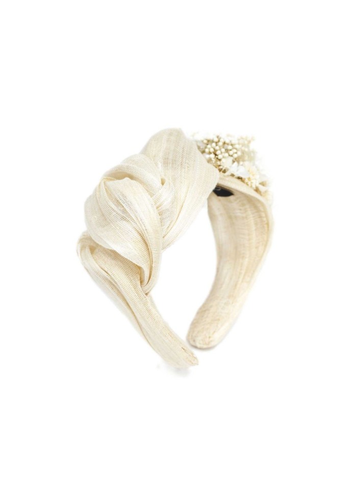 Ecru silk wrap headband with preserved flowers