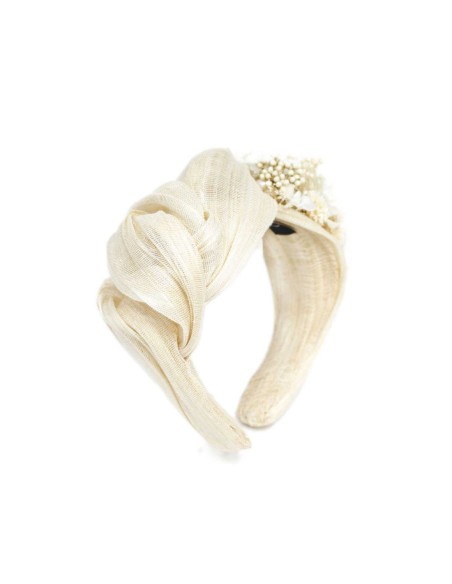 Ecru silk wrap headband with preserved flowers