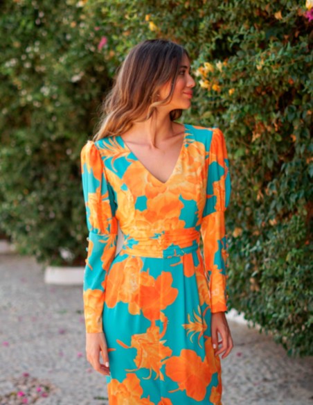 Vestido de fiesta midi estampado en tonos vibrantes