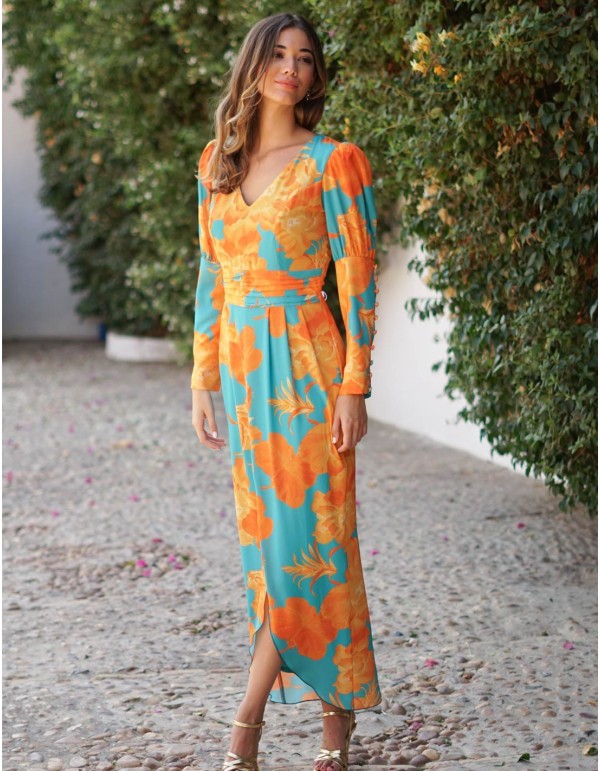 Vibrant printed midi evening dress