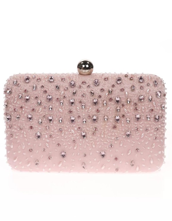 Satin clutch bag with sewn rhinestones