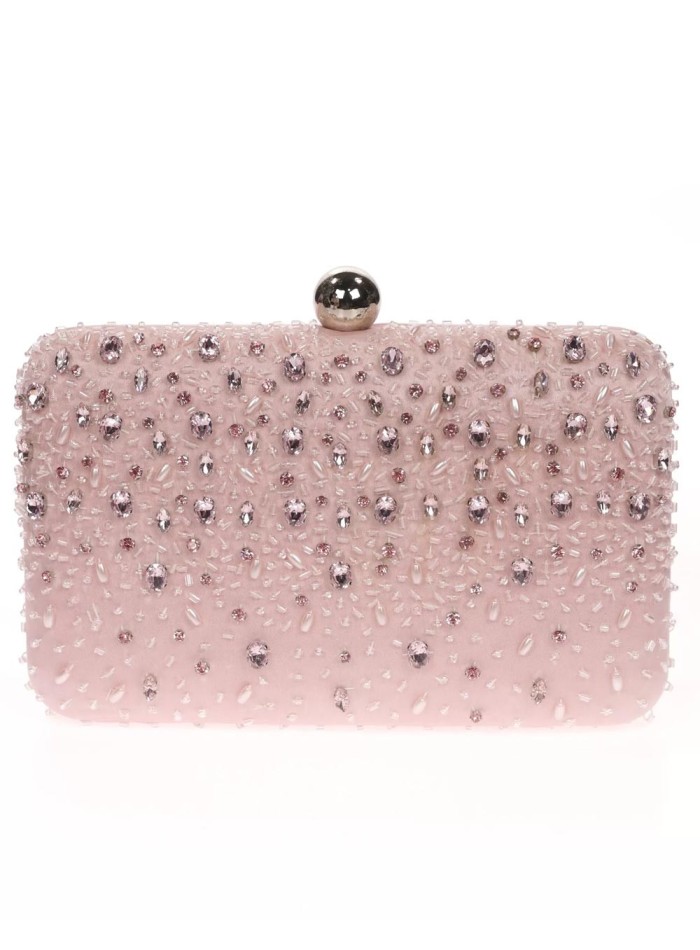 Satin clutch bag with sewn rhinestones
