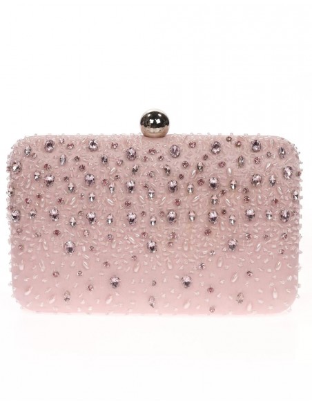 Satin clutch bag with sewn rhinestones