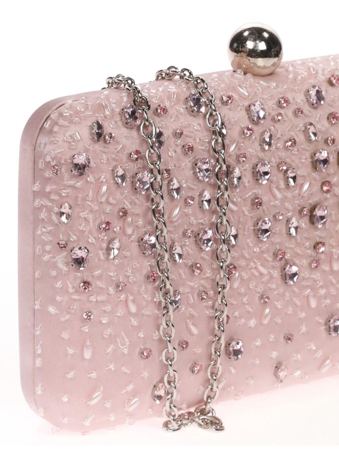 Satin clutch bag with sewn rhinestones