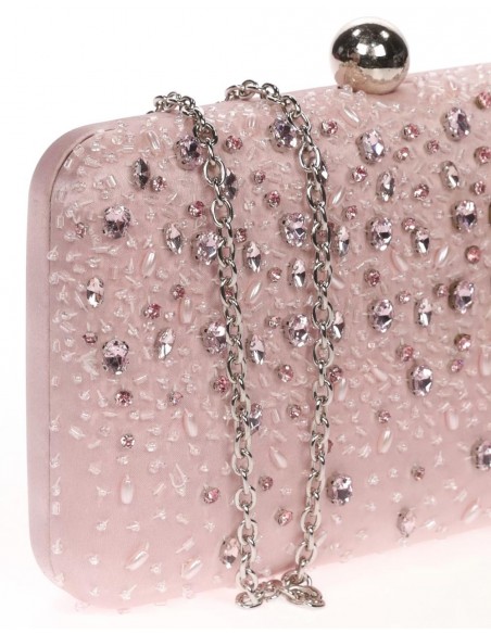 Satin clutch bag with sewn rhinestones