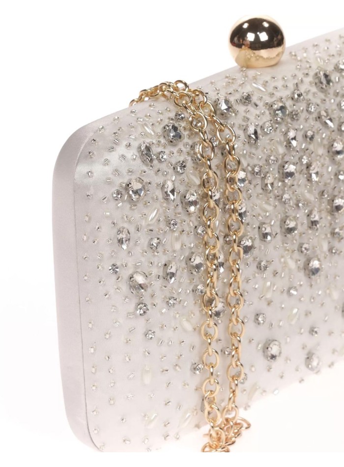 Satin clutch bag with sewn rhinestones