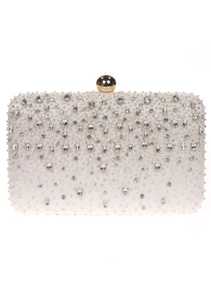 Bolso de fiesta con pedrería cosida en raso plata