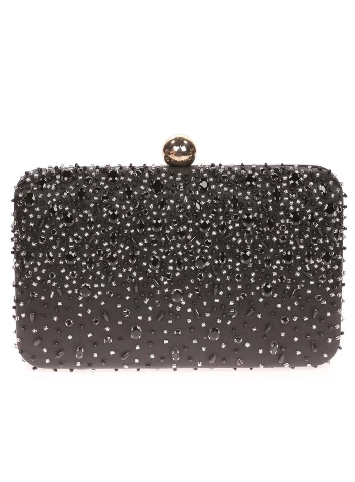 Satin clutch bag with sewn rhinestones