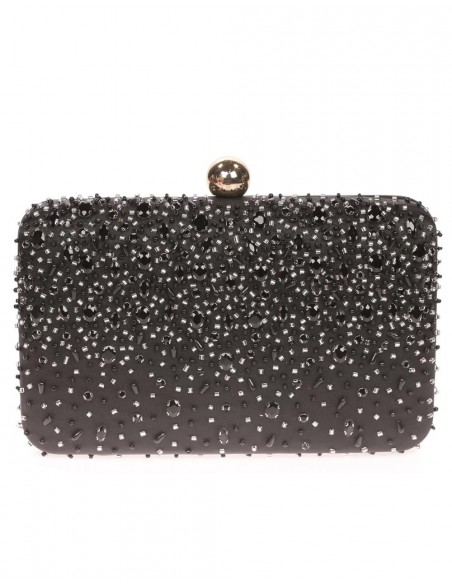 Satin clutch bag with sewn rhinestones
