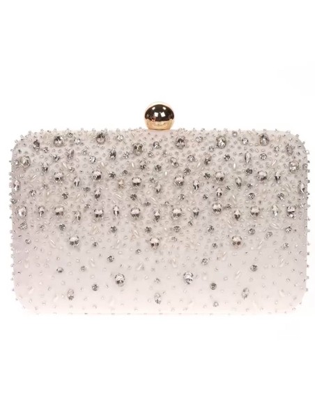 Satin clutch bag with sewn rhinestones