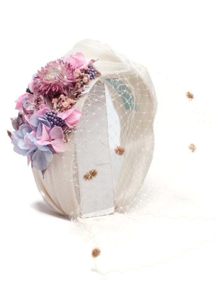 Raw crumpled sinamay headband with preserved...