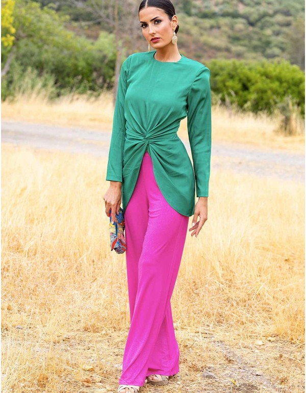 Party outfit with knotted top and bell bottom pants 2