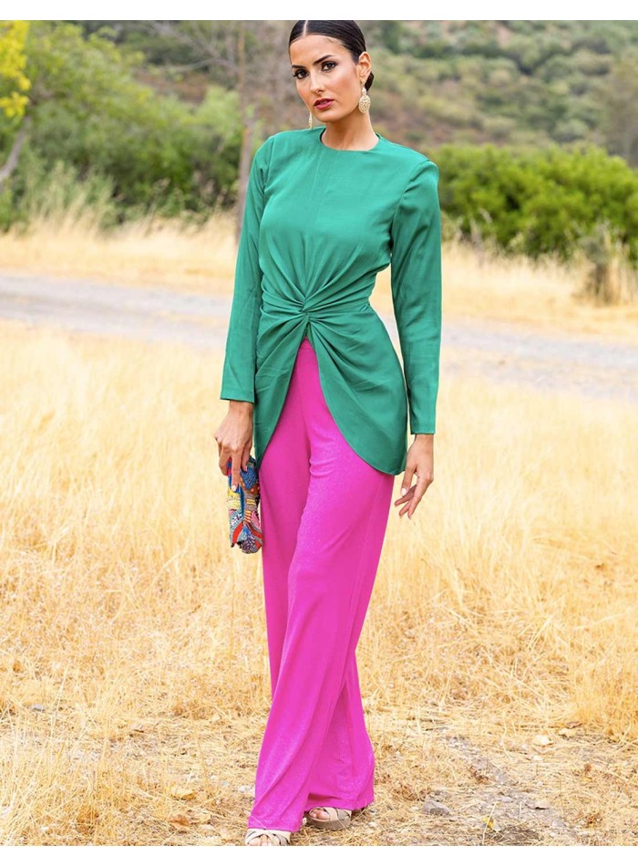 Party outfit with knotted top and bell bottom pants green