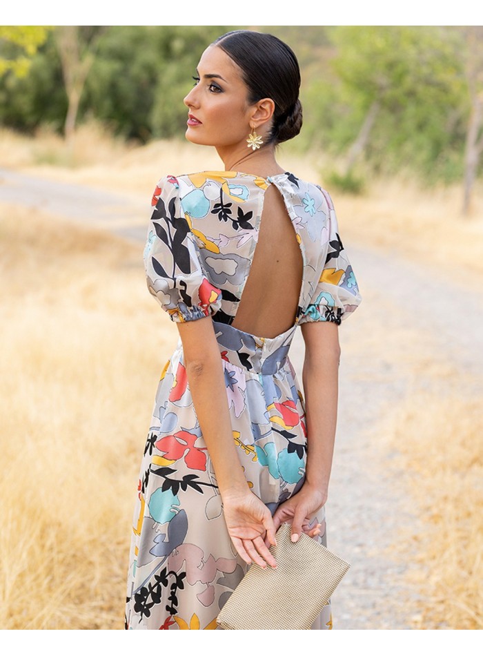 Midi party dress with floral print and open back by Rosas Rosas