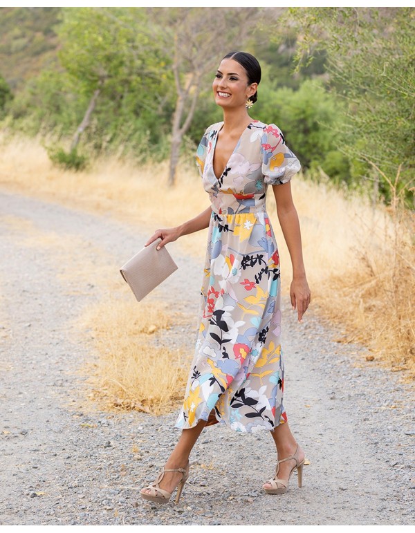 Midi party dress with floral print and open back