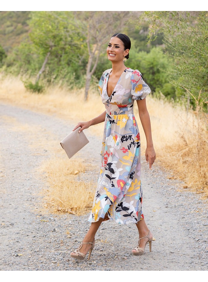 Midi party dress with floral print and open back