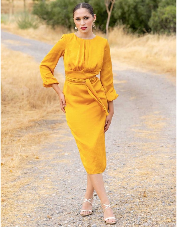 Midi party dress with shoulder strap and bow at the waist