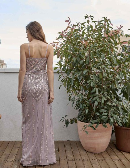 Long party dress with center slit and thin straps