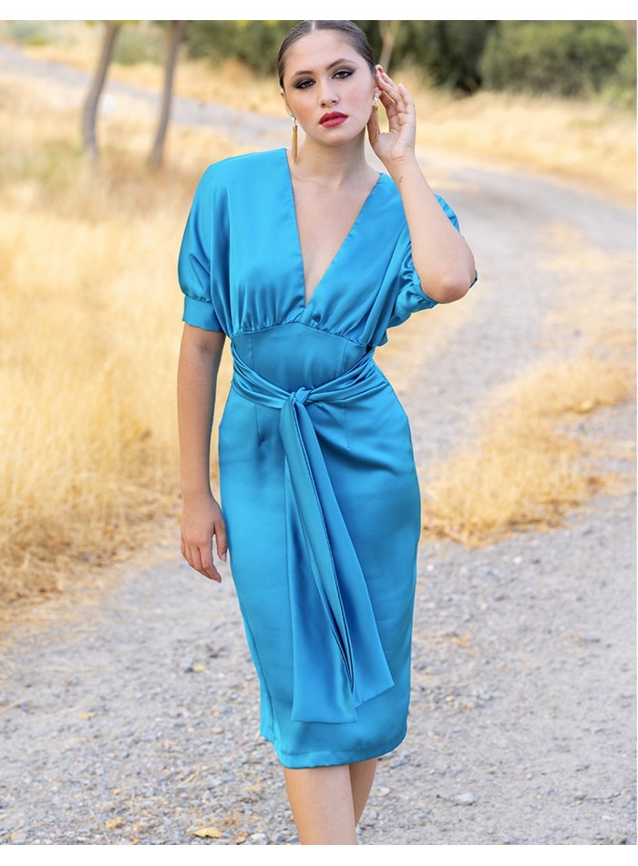 Midi party dress with short puffed sleeves and bow at the waist blue