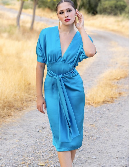 Vestido de fiesta midi con manga corta abullonada y lazada a la cintura color azul
