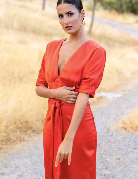 Vestido de fiesta midi con manga corta abullonada y lazada a la cintura en color rojo