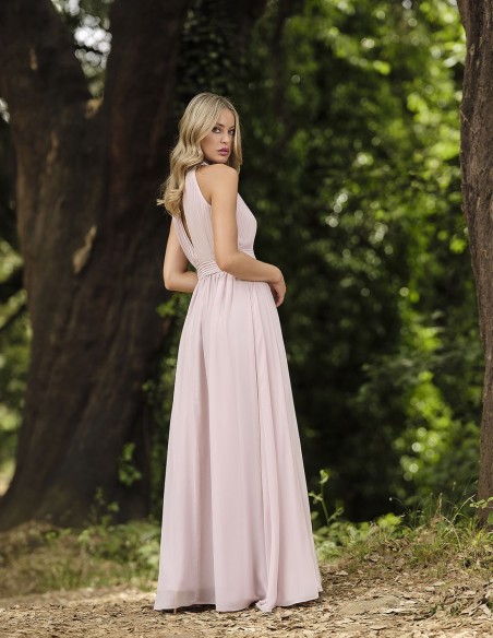 Vestido largo de fiesta plisado con frunces y falda con vuelo