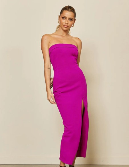 Bougainvillea strapless midi dress with side slit and side slit