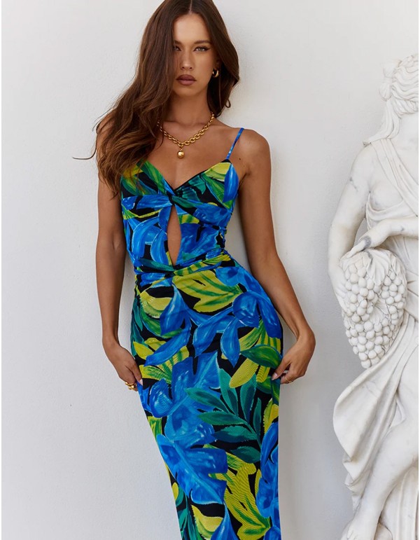 Long party dress with floral print, thin shoulder straps and open back 2