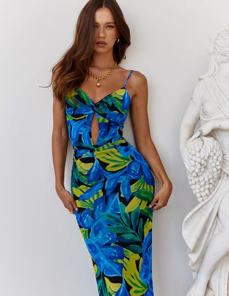 Vestido de fiesta largo con estampado floral, tirante fino y espalda descubierta para invitada