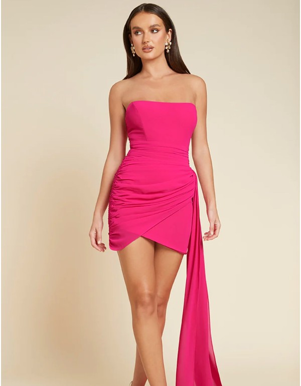 Short strapless party dress with ruching and draping