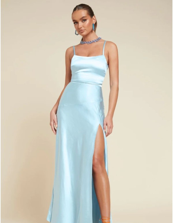Sky blue midi dress with straps and cut out skirt