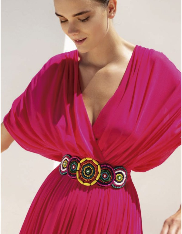 Long party dress with batwing sleeves and neckline