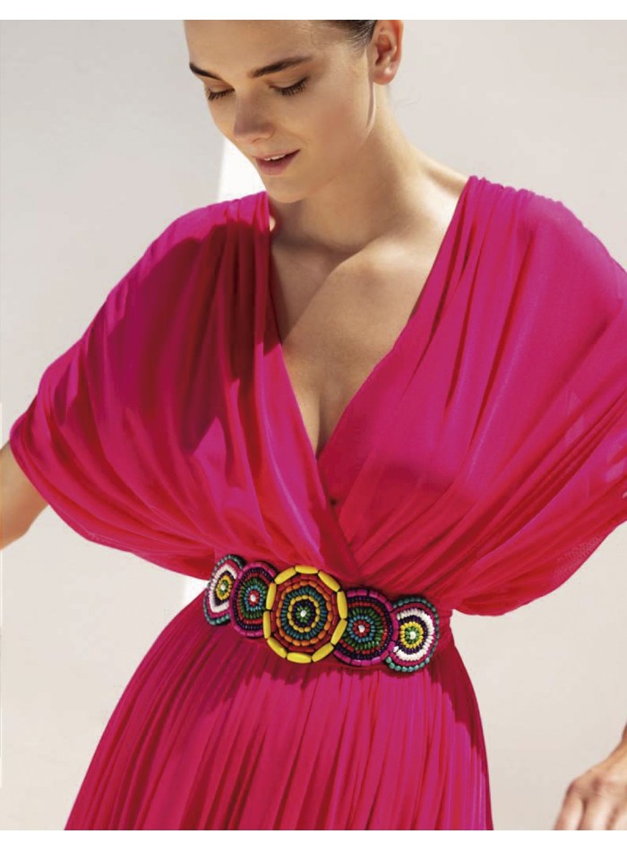 Long party dress with batwing sleeves and neckline