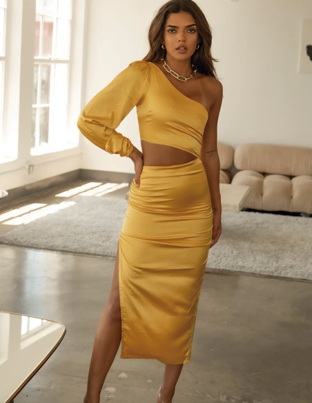 Asymmetrical mustard satin evening midi dress