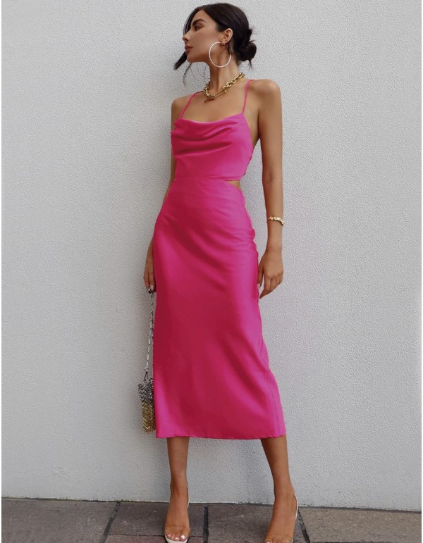 Satin evening midi dress with open back