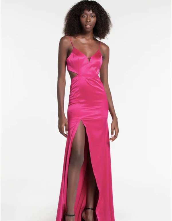 Long satin party dress with straps and cut-out bodice