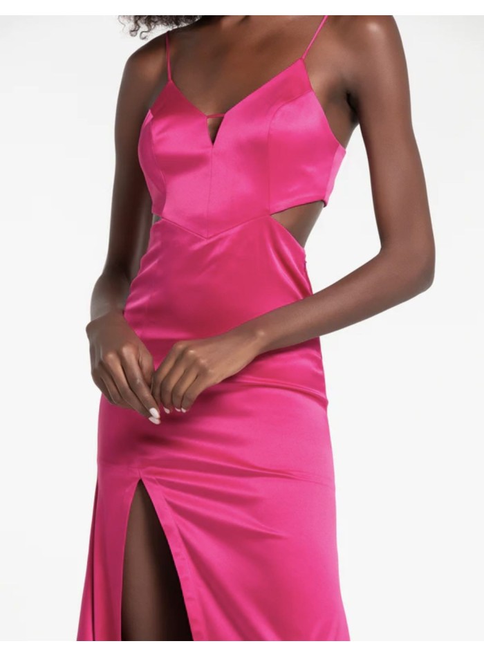 Long satin party dress with straps and cut-out...