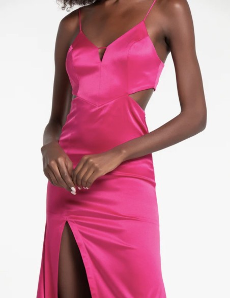 Long satin party dress with straps and cut-out bodice