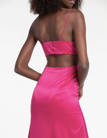 Long satin party dress with straps and cut-out bodice