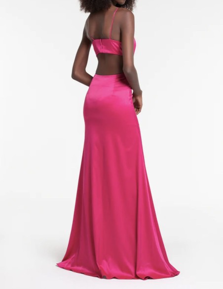 Long satin party dress with straps and cut-out bodice