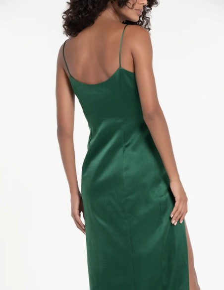 Vestido de fiesta largo satinado con escote lágrima y corte lateral