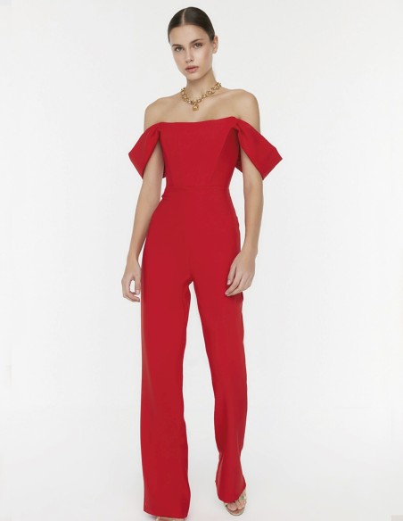 Evening jumpsuit with bodice and small sleeves